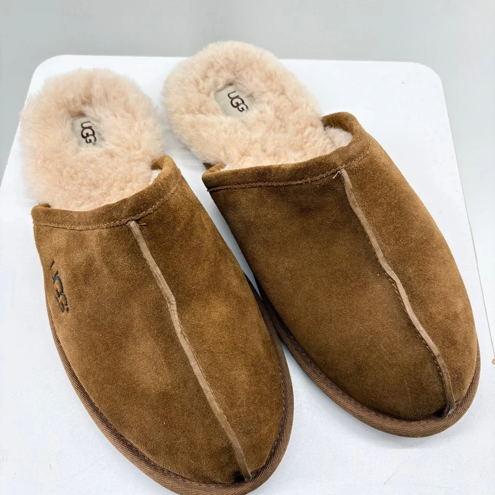 UGG Scuff Suede Slippers Chestnut Brown Sheepskin Lining Mens 12 1101111 Comfy